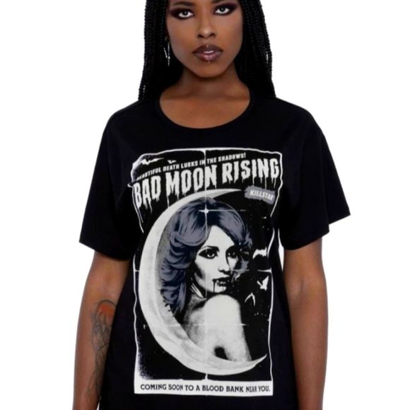 Killstar Tops - KILLSTAR BAD MOON RISING TEE, VAMPIRE WOMAN, BLOOD, GORE, GOTHIC, GRAPHIC PRINT